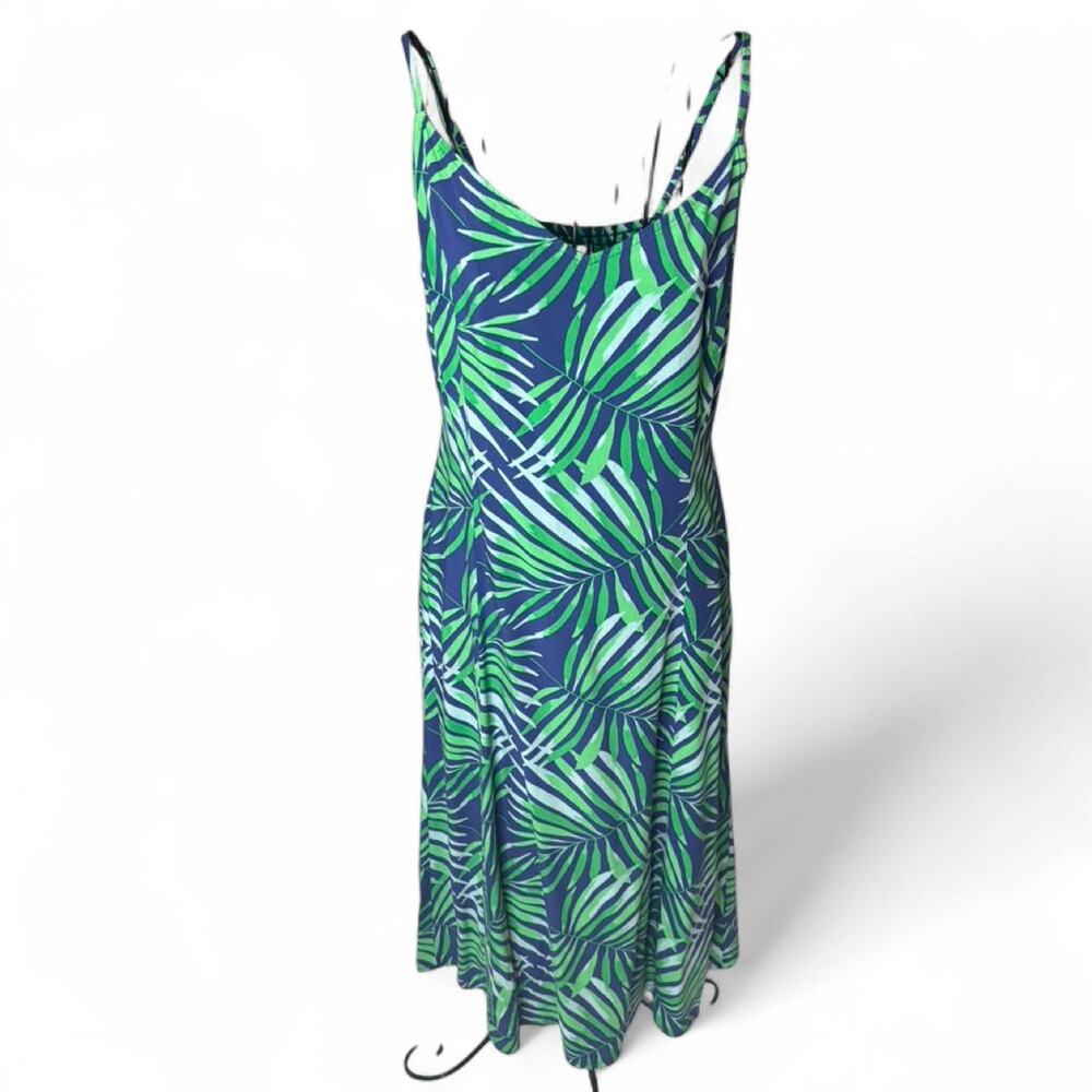 Old Navy Tropical Palm Leaf Midi Cami Dress Smocked Back Navy Green Size Medium